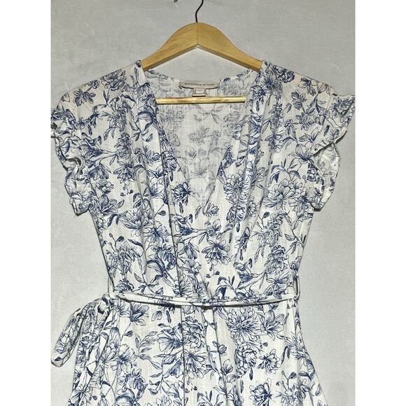 Monteau Linen Blend Faux Wrap Dress Small White Blue Floral Flutter Sleeve Tie - Picture 3 of 12